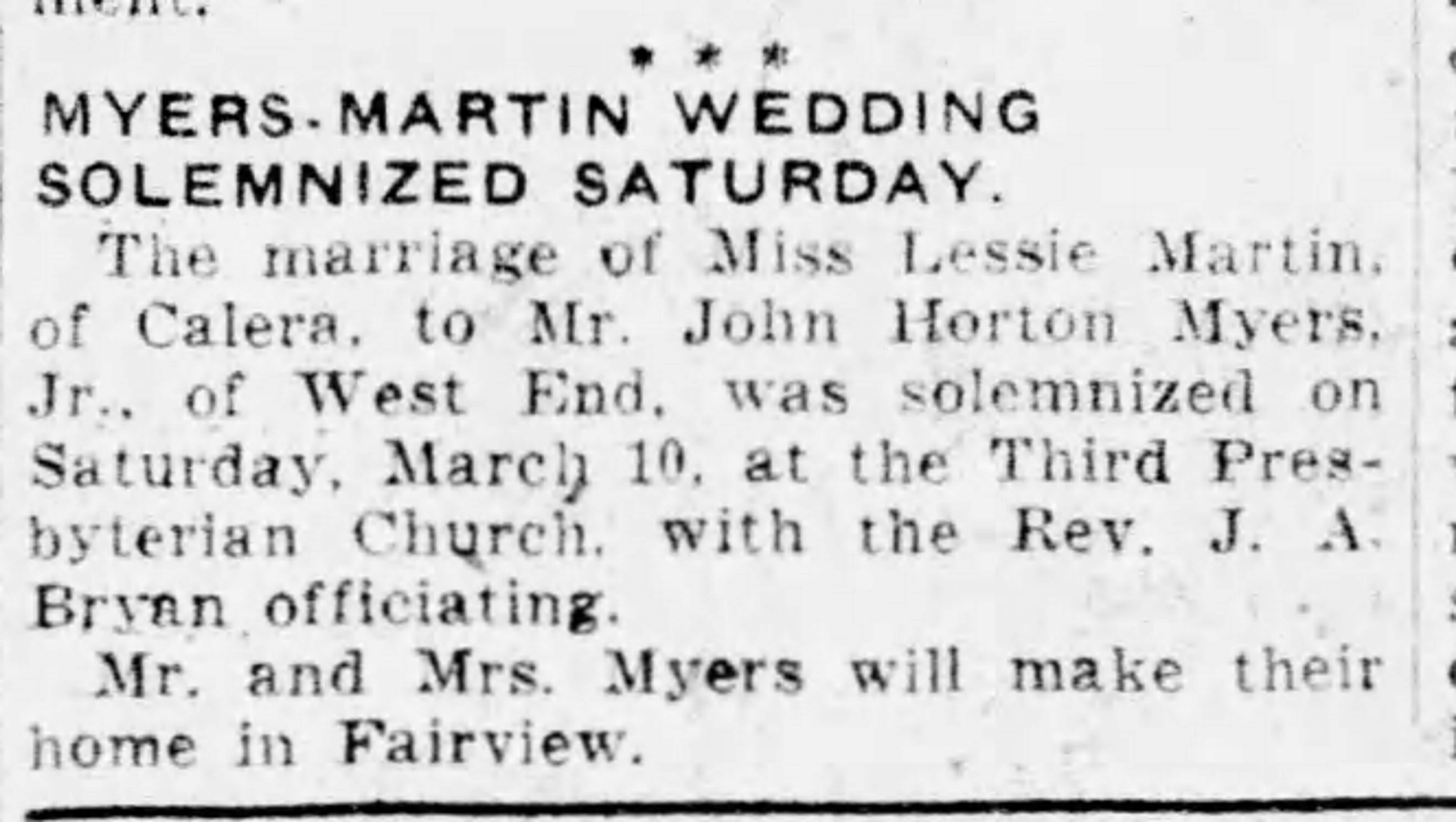 Myers-Martin Wedding Solemnized Saturday